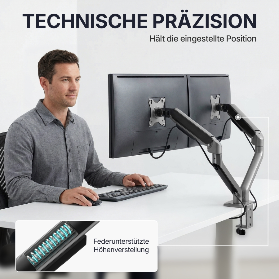 3IDEE Flexi-Lite Dual Monitorarm - 2 Monitore - [17-32" / bis 9kg pro Arm] - stufenlos Höhenverstellbar